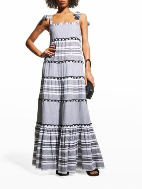 Veronica Beard Black and White Striped Tie-Shoulder Maxi Dress